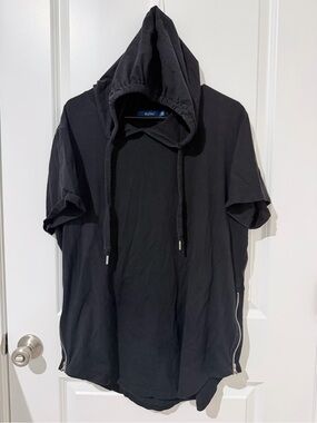 Black Short-Sleeve Hooded Tee with Side Zippers